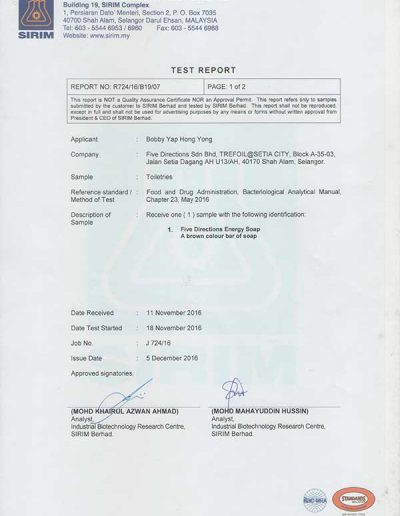 Energy Soap Malaysia Sirim Report 五方能量皂 马来西亚 SIRIM 测试报告 | Five Directions Sdn Bhd