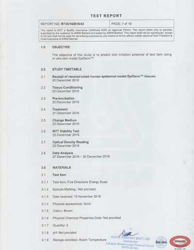Energy Soap Malaysia Sirim Report 五方能量皂 马来西亚 SIRIM 测试报告 | Five Directions