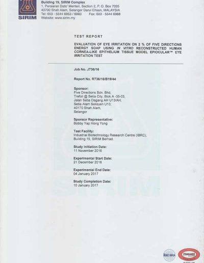 Energy Soap Malaysia Sirim Report 五方能量皂 马来西亚 SIRIM 测试报告 | Five Directions